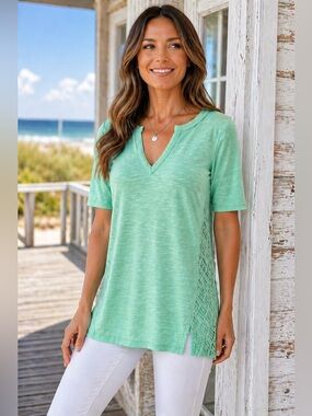 Lucky Brand Green Crochet Back Boho Coastal V Neck Top